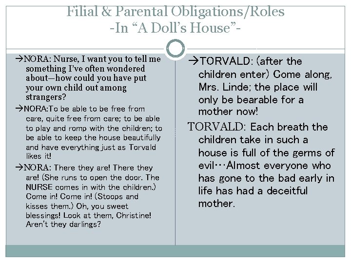 Filial & Parental Obligations/Roles -In “A Doll’s House” NORA: Nurse, I want you to