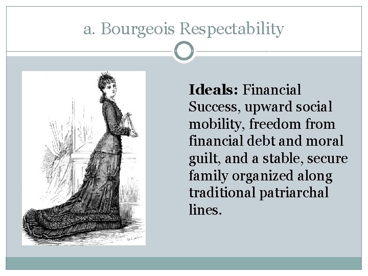 a. Bourgeois Respectability Ideals: Financial Success, upward social mobility, freedom from financial debt and