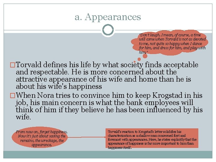 a. Appearances “Don’t laugh. I mean, of course, a time will come when Torvald