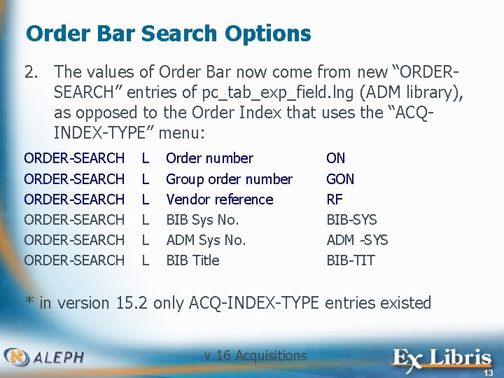 Order Bar Search Options 2. The values of Order Bar now come from new