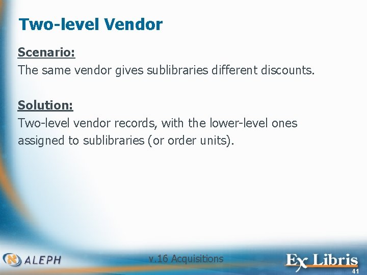Two-level Vendor Scenario: The same vendor gives sublibraries different discounts. Solution: Two-level vendor records,