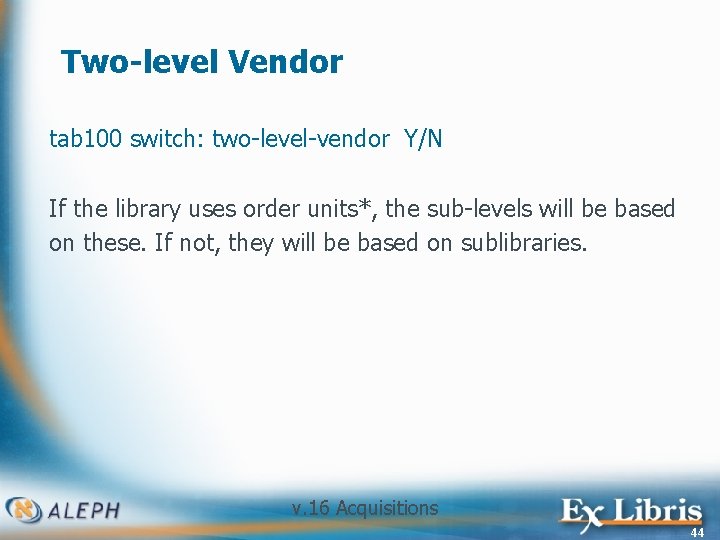 Two-level Vendor tab 100 switch: two-level-vendor Y/N If the library uses order units*, the