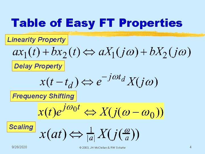 Table of Easy FT Properties Linearity Property Delay Property Frequency Shifting Scaling 9/26/2020 ©