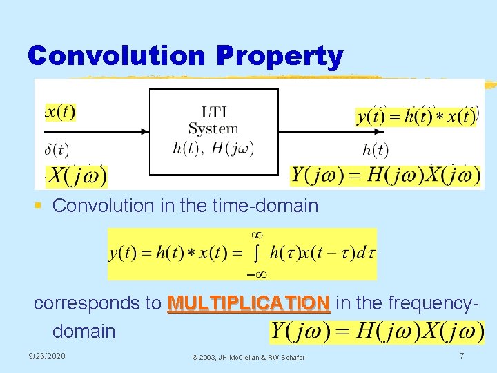 Convolution Property § Convolution in the time-domain corresponds to MULTIPLICATION in the frequencydomain 9/26/2020