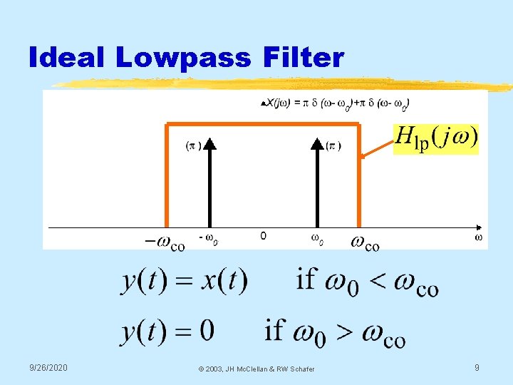 Ideal Lowpass Filter 9/26/2020 © 2003, JH Mc. Clellan & RW Schafer 9 