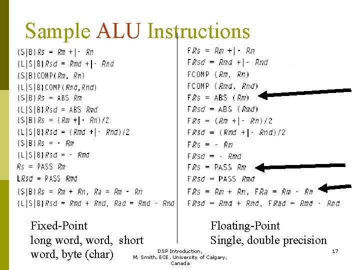 Sample ALU Instructions Fixed-Point Floating-Point long word, short Single, double precision DSP Introduction, 17