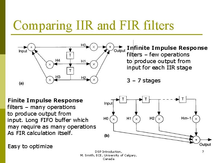 Comparing IIR and FIR filters Infinite Impulse Response filters – few operations to produce