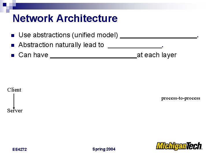 Network Architecture n n n Use abstractions (unified model) Abstraction naturally lead to Can
