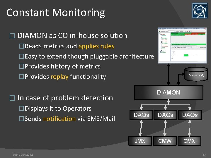 Constant Monitoring � DIAMON as CO in-house solution �Reads metrics and applies rules �Easy