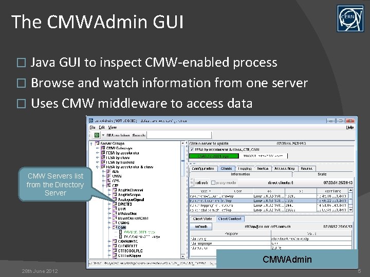 The CMWAdmin GUI Java GUI to inspect CMW-enabled process � Browse and watch information