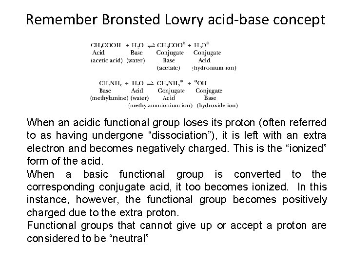 Remember Bronsted Lowry acid-base concept When an acidic functional group loses its proton (often