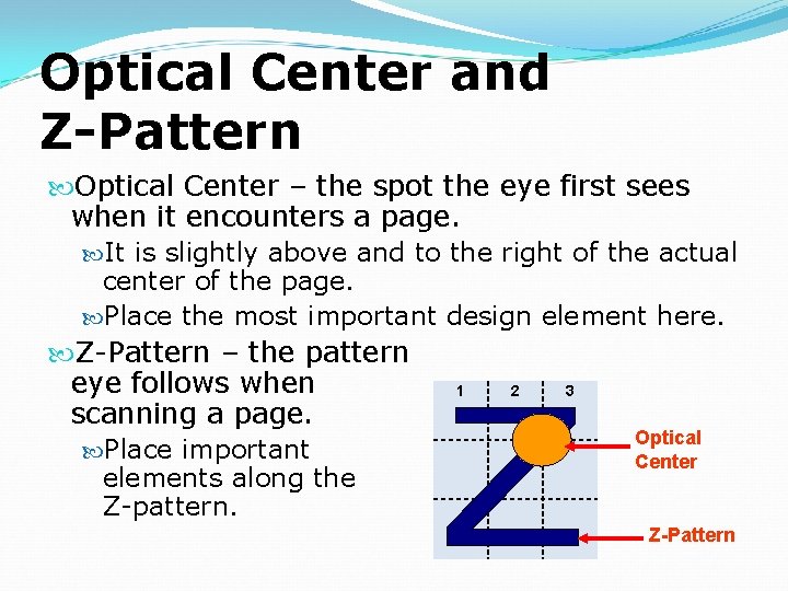 Optical Center and Z-Pattern Optical Center – the spot the eye first sees when