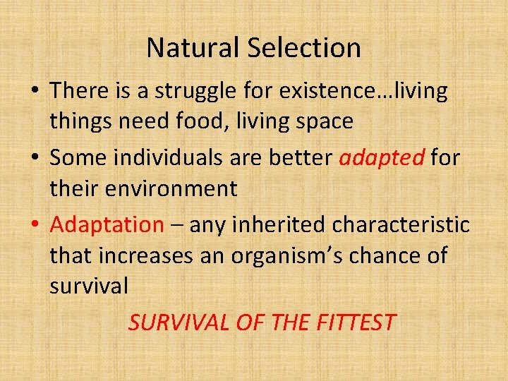 Natural Selection • There is a struggle for existence…living things need food, living space