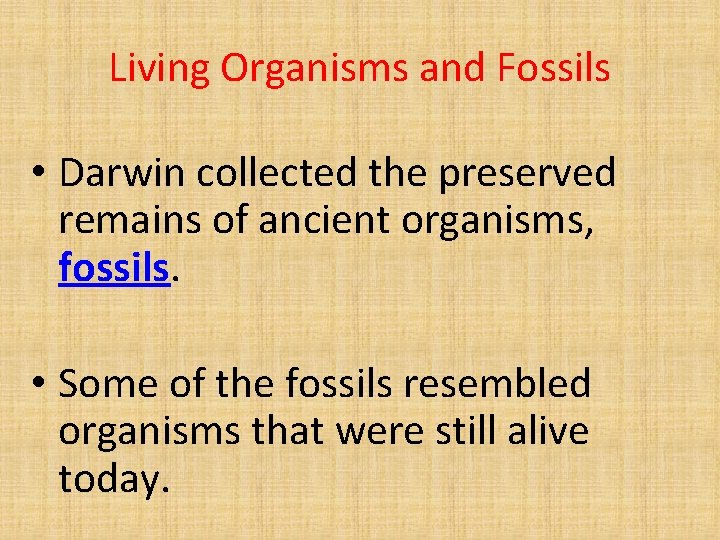 Living Organisms and Fossils • Darwin collected the preserved remains of ancient organisms, fossils.