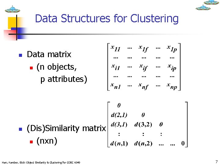 Data Structures for Clustering n n Data matrix n (n objects, p attributes) (Dis)Similarity