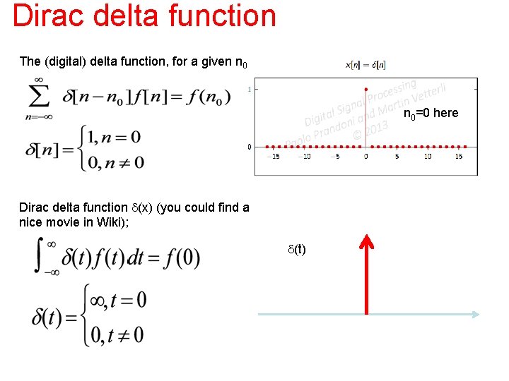 Dirac delta function The (digital) delta function, for a given n 0=0 here Dirac