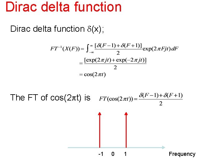 Dirac delta function d(x); The FT of cos(2 pt) is -1 0 1 Frequency