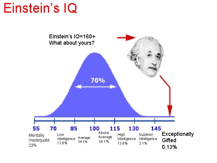 Einstein’s IQ=160+ What about yours? Mentally Inadequate 23% Low Intelligence Average 34. 1% 13.