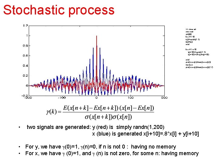 Stochastic process >> clear all close all n=200; for i=1: 10 x(i)=randn(1, 1); y(i)=x(i);