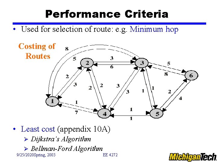 Performance Criteria • Used for selection of route: e. g. Minimum hop Costing of