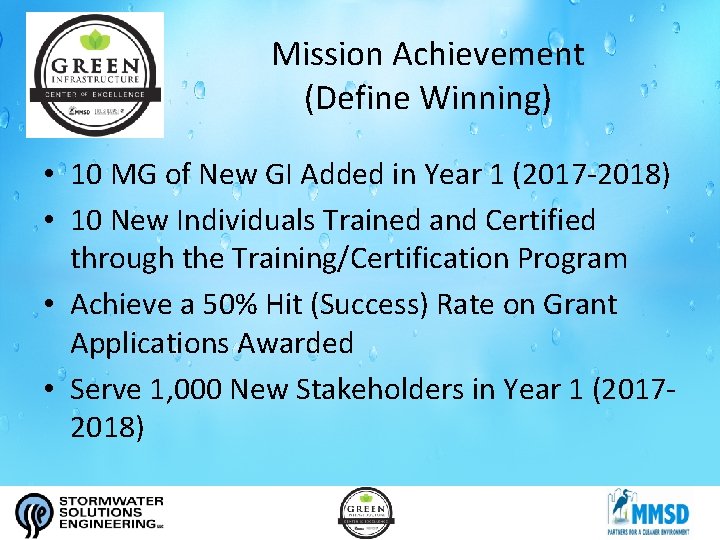 Mission Achievement (Define Winning) • 10 MG of New GI Added in Year 1