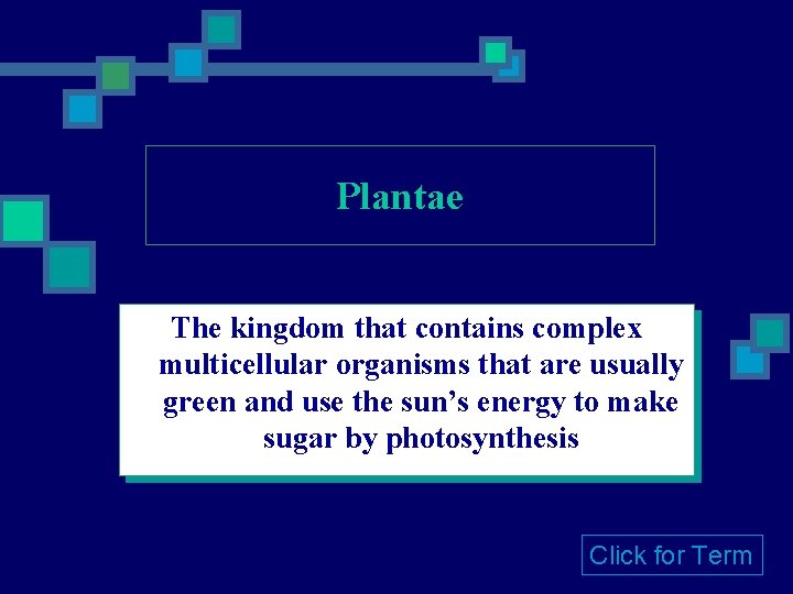 Plantae The kingdom that contains complex multicellular organisms that are usually green and use