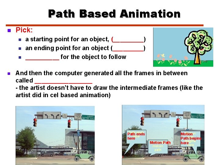 Path Based Animation n Pick: n n a starting point for an object, (_____)