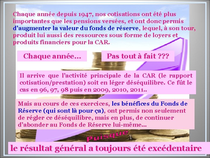 Chaque année depuis 1947, nos cotisations ont été plus importantes que les pensions versées,