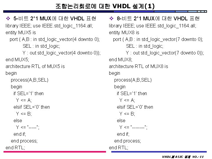 조합논리회로에 대한 VHDL 설계(1) v 5 -비트 2*1 MUX에 대한 VHDL 표현 v 8