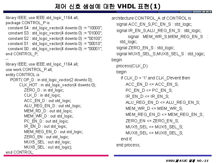 제어 신호 생성에 대한 VHDL 표현(1) library IEEE; use IEEE. std_logic_1164. all; package CONTROL_P