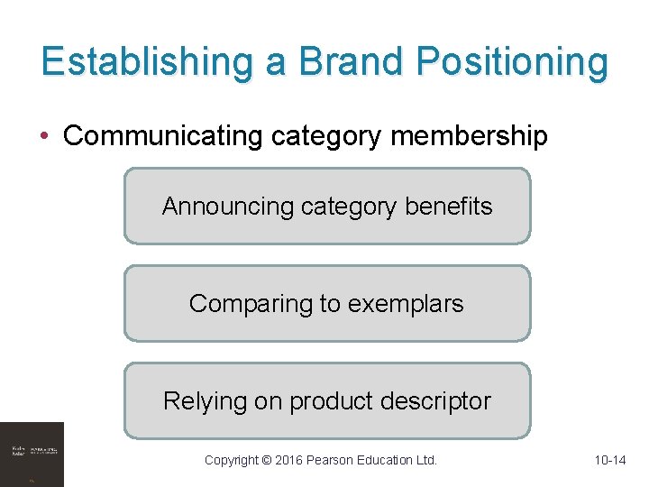 Establishing a Brand Positioning • Communicating category membership Announcing category benefits Comparing to exemplars