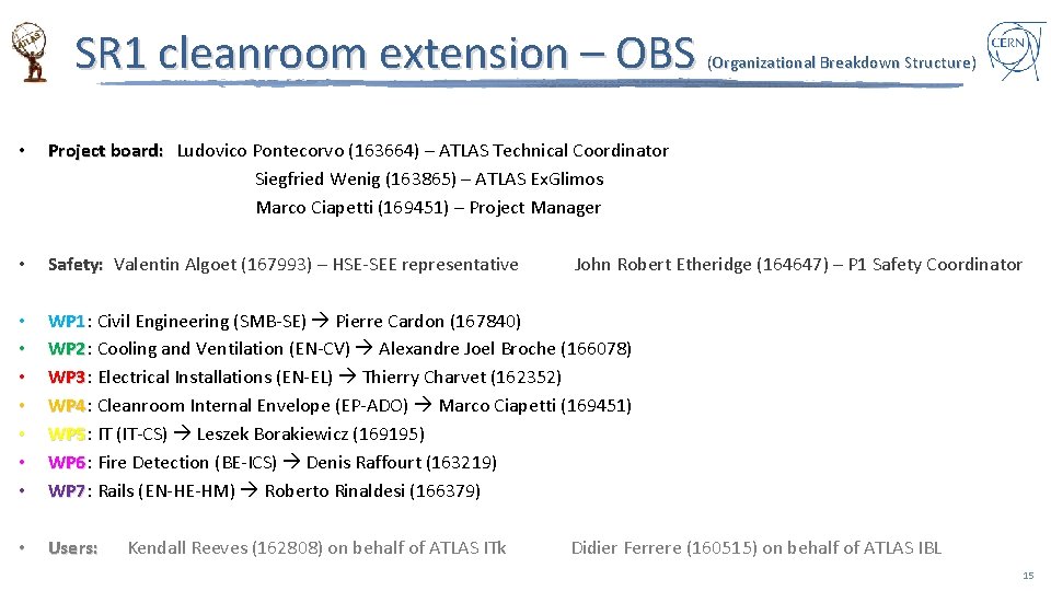 SR 1 cleanroom extension – OBS (Organizational Breakdown Structure) • Project board: Ludovico Pontecorvo