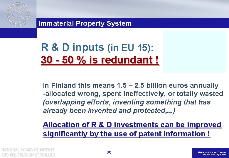 Immaterial Property System R & D inputs (in EU 15): 30 - 50 %