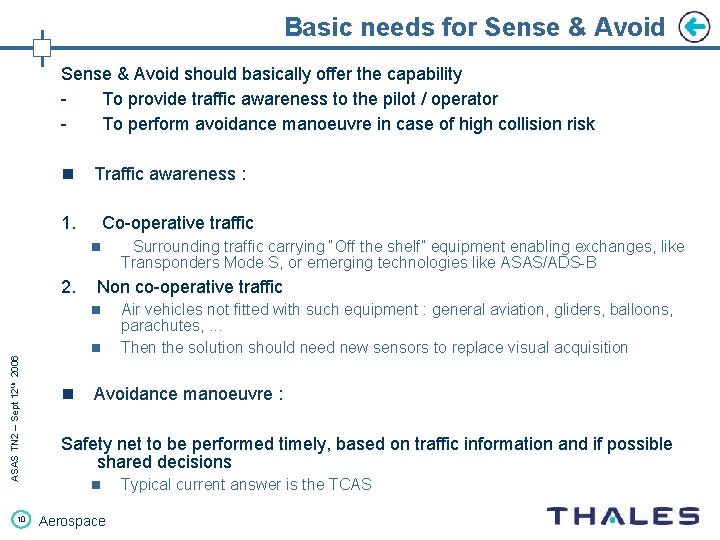 Basic needs for Sense & Avoid should basically offer the capability To provide traffic