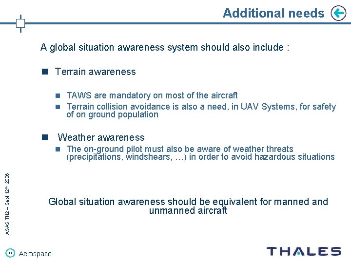 Additional needs A global situation awareness system should also include : n Terrain awareness