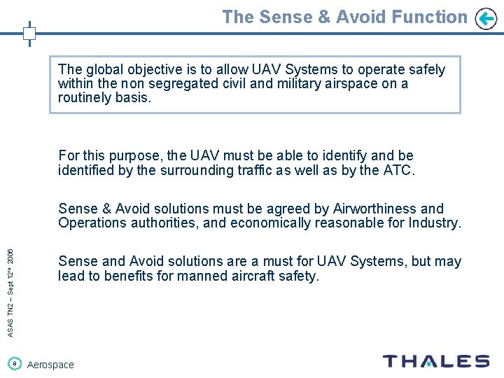 The Sense & Avoid Function The global objective is to allow UAV Systems to