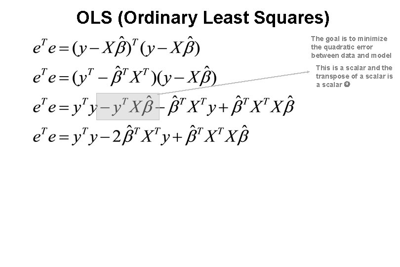OLS (Ordinary Least Squares) The goal is to minimize the quadratic error between data
