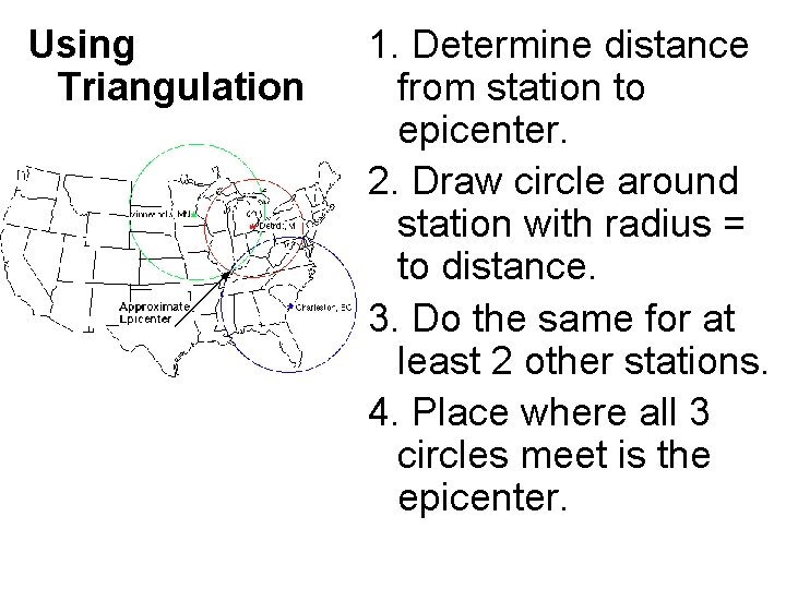 Using Triangulation 1. Determine distance from station to epicenter. 2. Draw circle around station