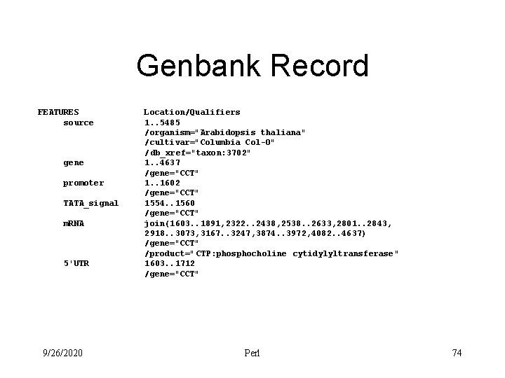 Genbank Record FEATURES source gene promoter TATA_signal m. RNA 5'UTR 9/26/2020 Location/Qualifiers 1. .