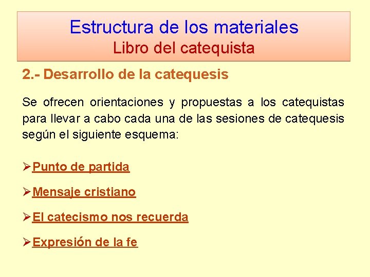 Estructura de los materiales Libro del catequista 2. - Desarrollo de la catequesis Se