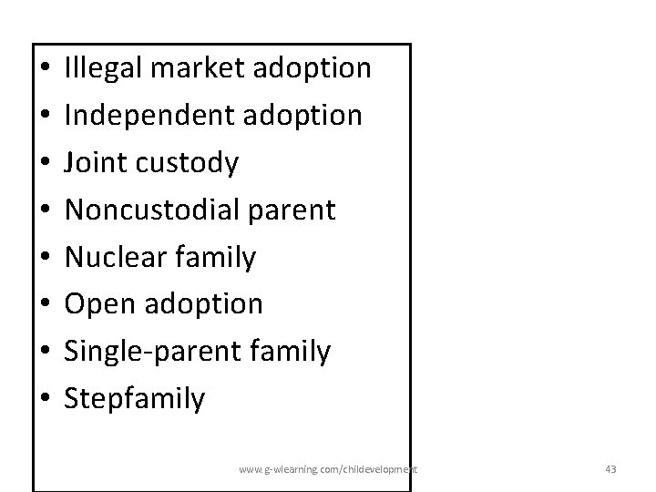  • • Illegal market adoption Independent adoption Joint custody Noncustodial parent Nuclear family