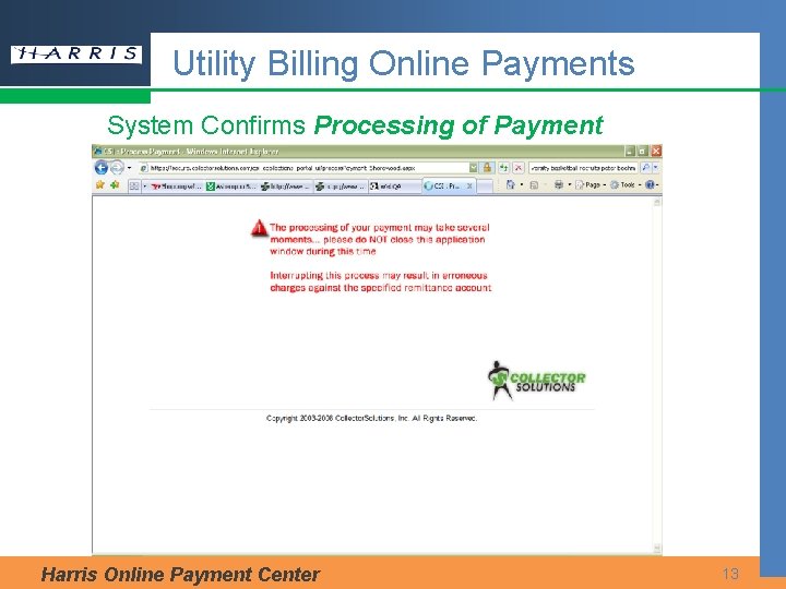 Utility Billing Online Payments System Confirms Processing of Payment Harris Online Payment Center 13