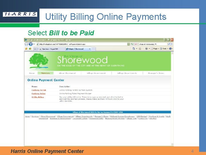 Utility Billing Online Payments Select Bill to be Paid Harris Online Payment Center 4