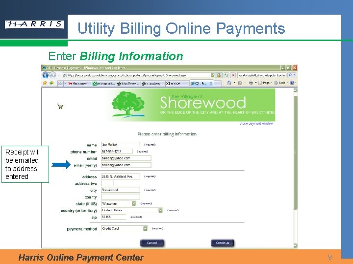 Utility Billing Online Payments Enter Billing Information Receipt will be emailed to address entered