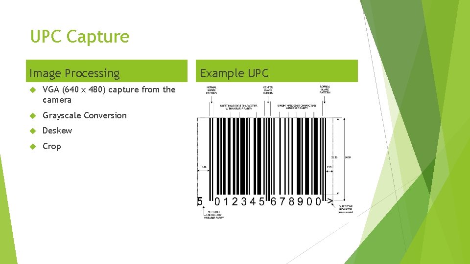UPC Capture Image Processing VGA (640 x 480) capture from the camera Grayscale Conversion UPC Capture Image Processing VGA (640 x 480) capture from the camera Grayscale Conversion