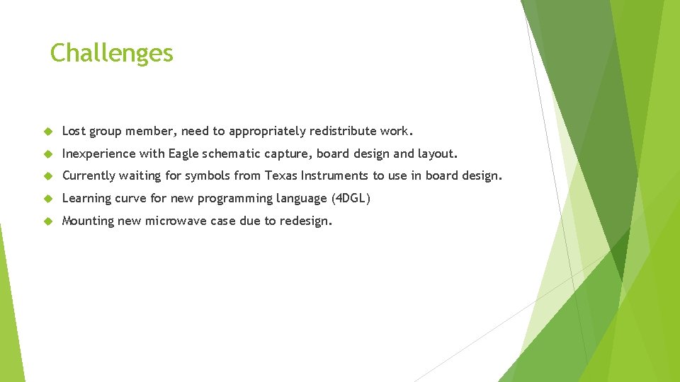 Challenges Lost group member, need to appropriately redistribute work. Inexperience with Eagle schematic capture,