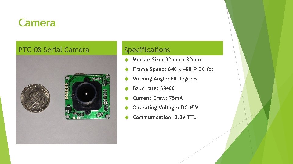 Camera PTC-08 Serial Camera Specifications Module Size: 32 mm x 32 mm Frame Speed: Camera PTC-08 Serial Camera Specifications Module Size: 32 mm x 32 mm Frame Speed:
