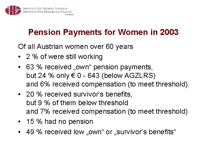 Pension Payments for Women in 2003 Of all Austrian women over 60 years •