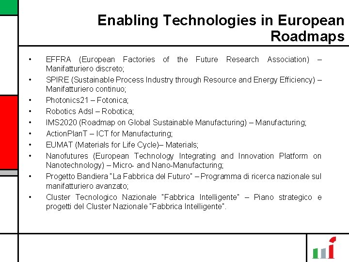 Enabling Technologies in European Roadmaps • • • EFFRA (European Factories of the Future