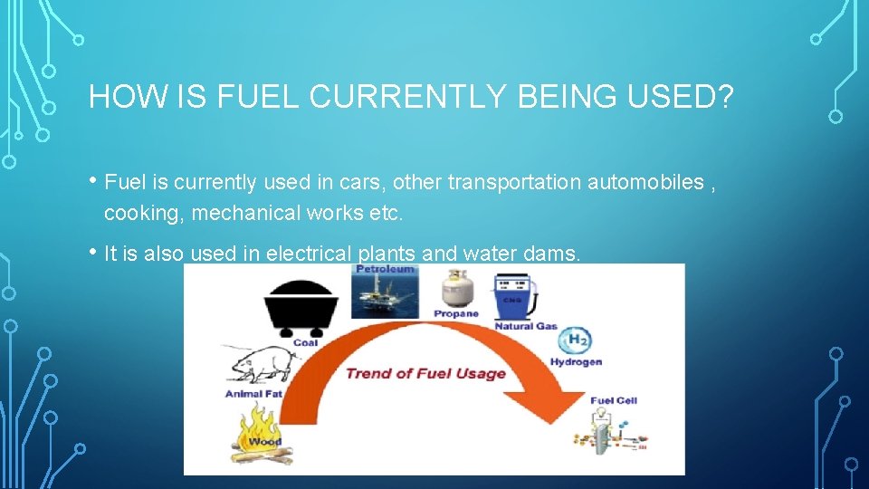 HOW IS FUEL CURRENTLY BEING USED? • Fuel is currently used in cars, other